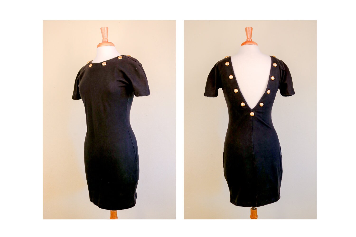 Black 80 Figurbetontes Stretch T-Shirt-Kleid Mit Runde Messing-Nieten-Streetwear von thelivingroomvintage