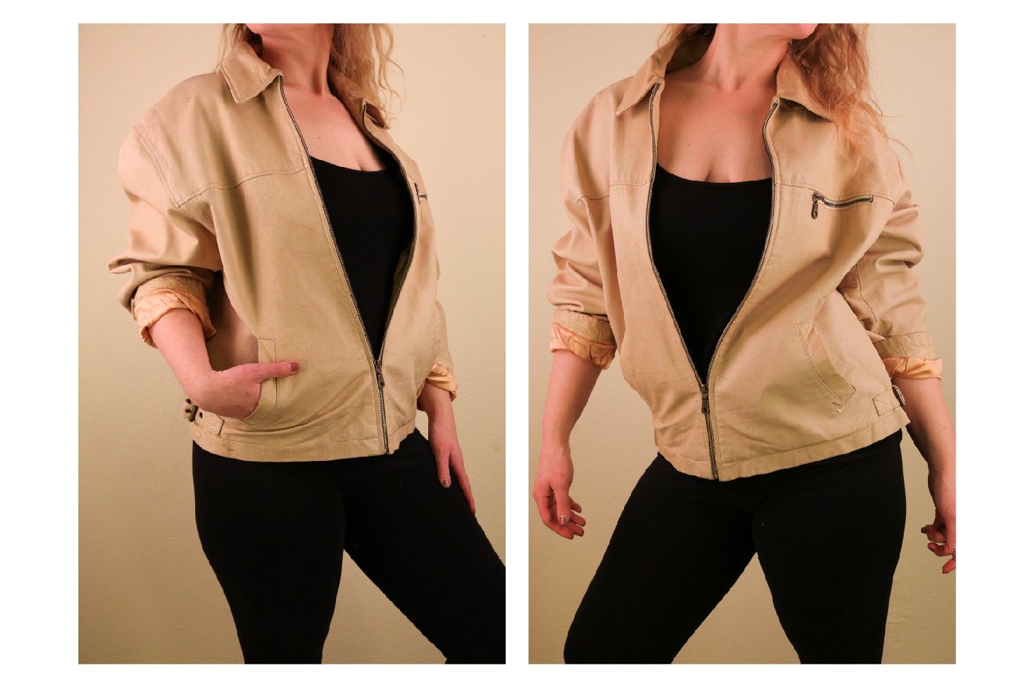 Cremefarbene "Erraten' Mitglied Nur Lederjacke von thelivingroomvintage