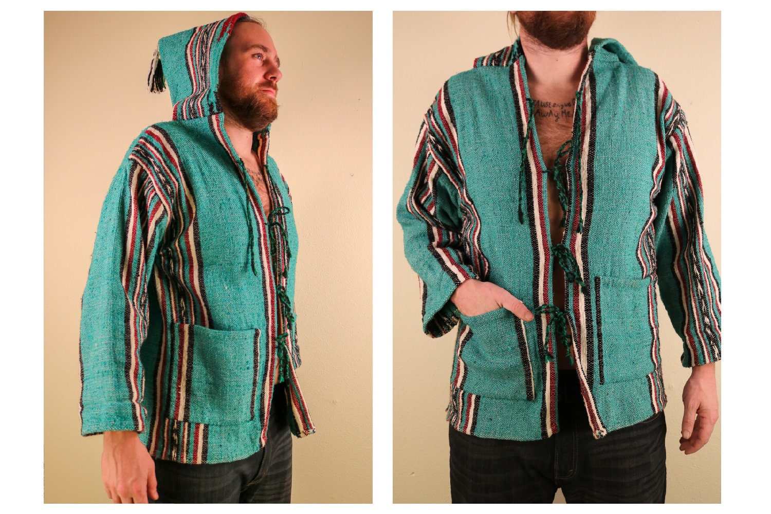 Die Teal Und Maroon Hand Woven Long Sleeve Festival Jacket Mit Tassel Hood von thelivingroomvintage