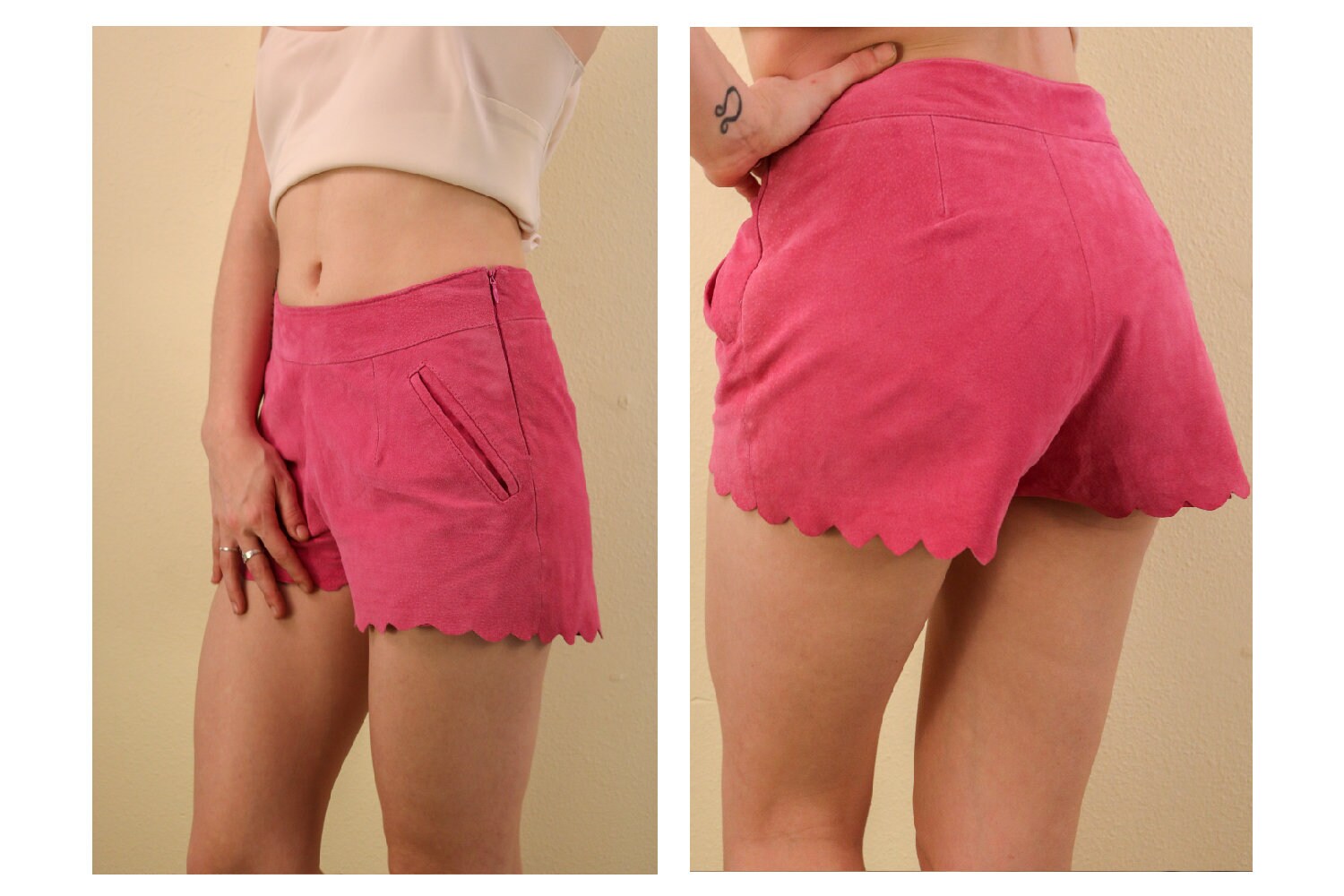 Hot Pink Scalloped Suede Booty Short Shorts Y2K Festival Gogo von thelivingroomvintage