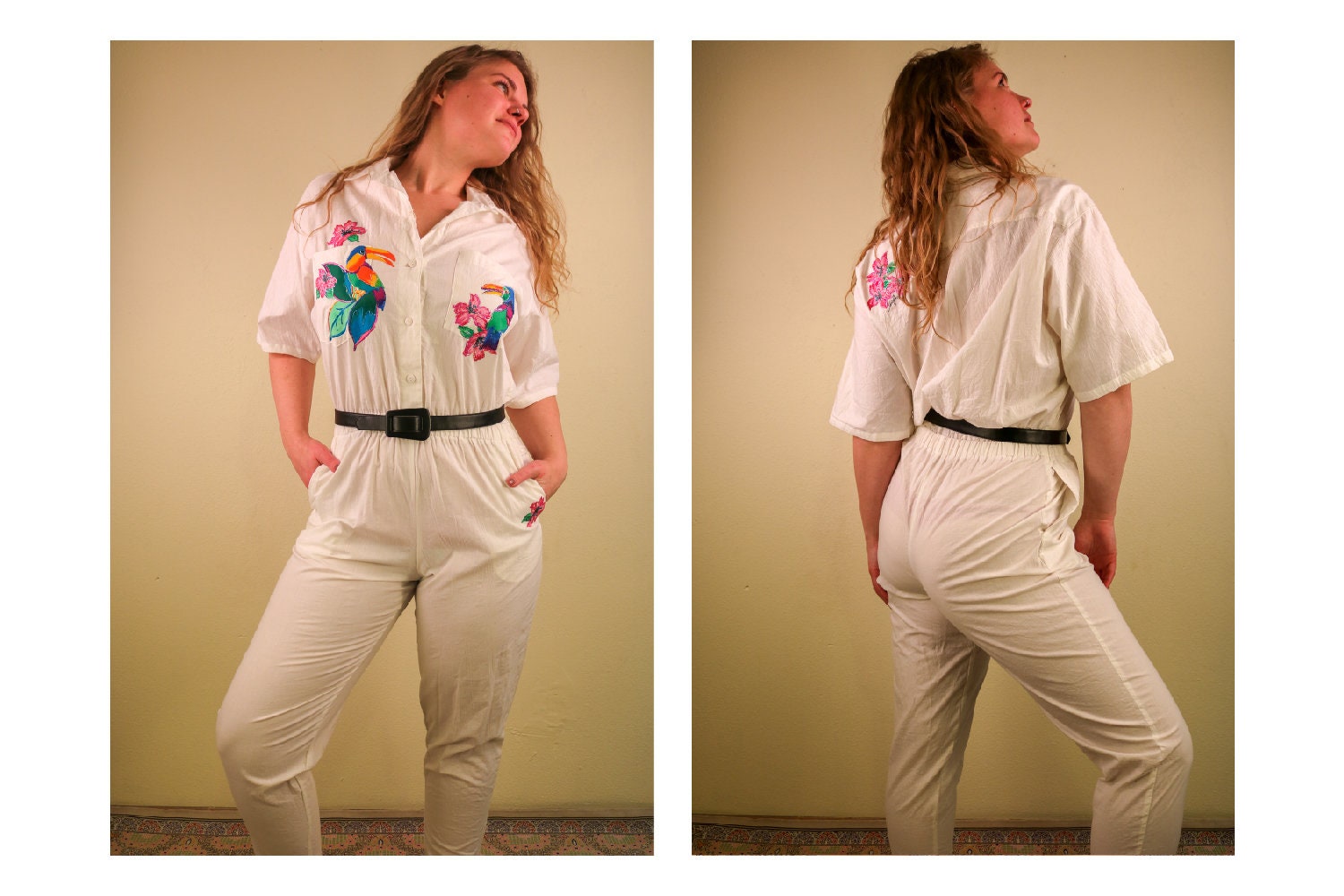 Jahrgang 1990 Weiß Overall Mit Handbemalten Toucans Und Hibiskus Blumen. Festival Raver Gärtner von thelivingroomvintage