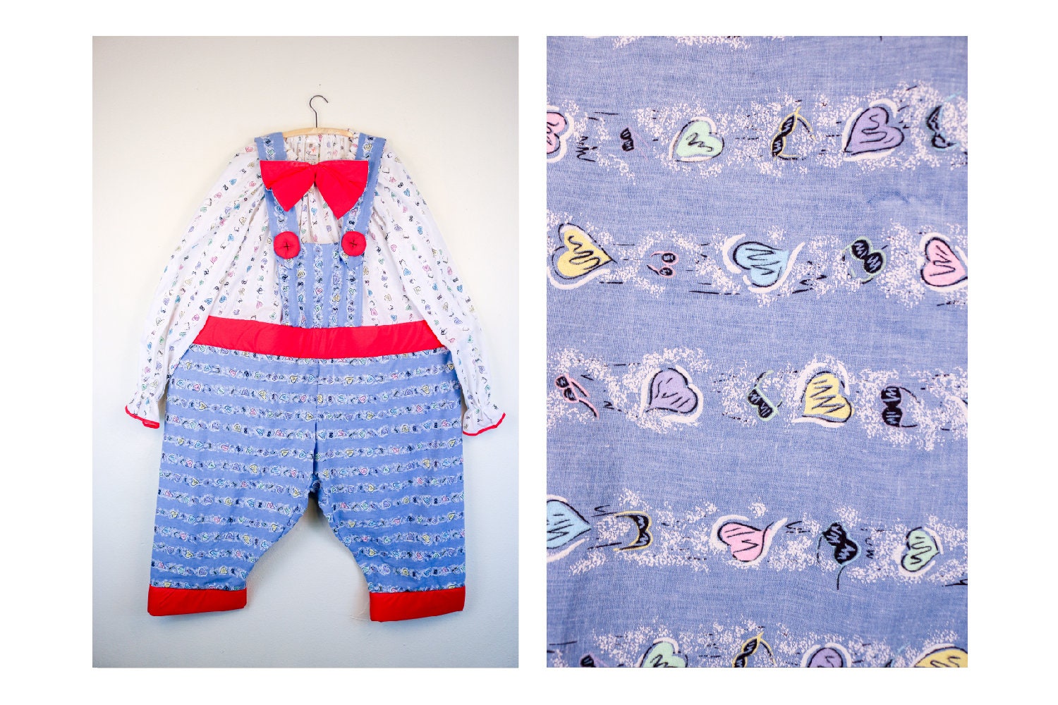 Jahrgang Clown Anzug - Hula Hoop Taille Band 80Er Pastell Herz Druck Mit Gebaut in Passende Hosenträger Und Große Fliege von thelivingroomvintage