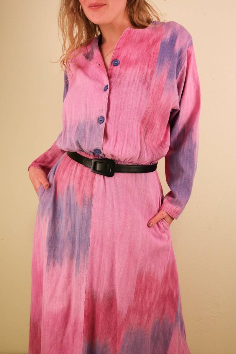 Pink & Lila 1980Er Jahre Handgewebt in Guatemala Vintage Ikat Langarm Kleid von thelivingroomvintage