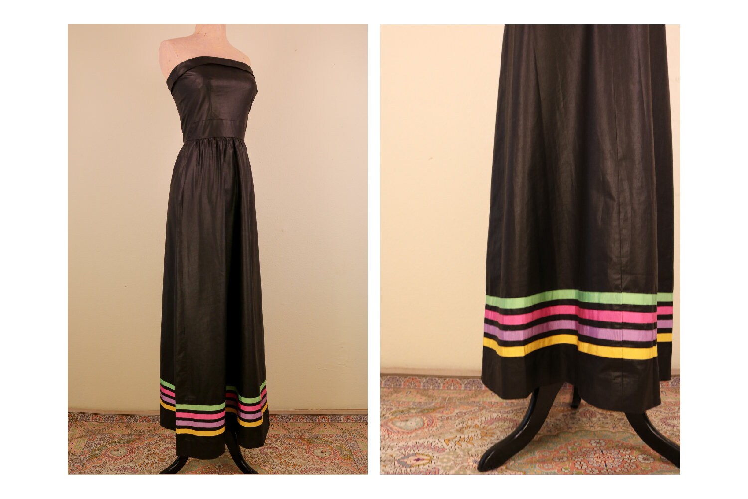 Trägerlosen 60/70Er Jahre Schwarz Maxi-Kleid Mit Pastell Detail Frühjahr Formal Krawatte Zurück von thelivingroomvintage