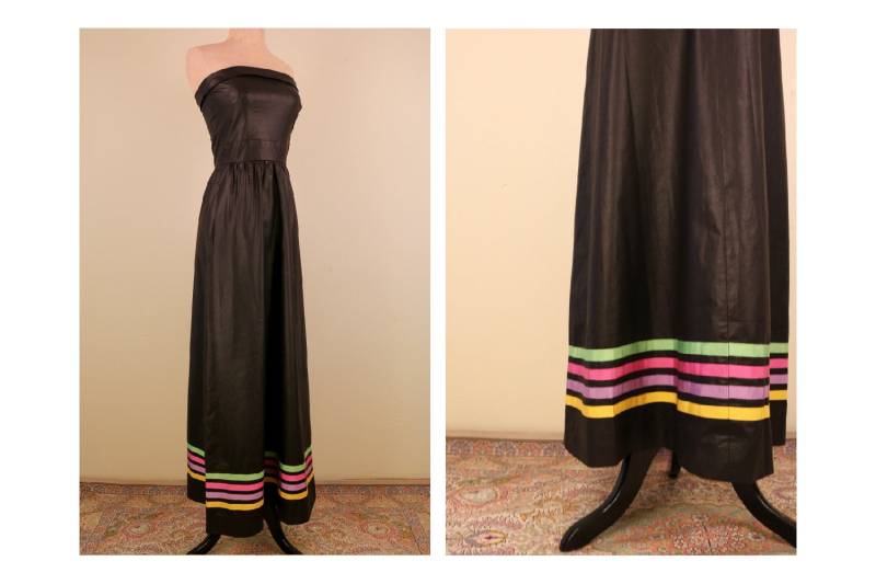 Trägerlosen 60/70Er Jahre Schwarz Maxi-Kleid Mit Pastell Detail Frühjahr Formal Krawatte Zurück von thelivingroomvintage