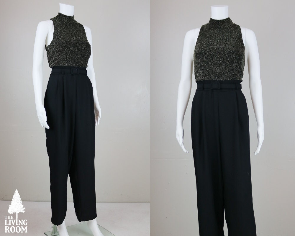 Vintage 80Er Jahre Gold & Schwarz Ärmellose Gürtel Jumpsuit von thelivingroomvintage