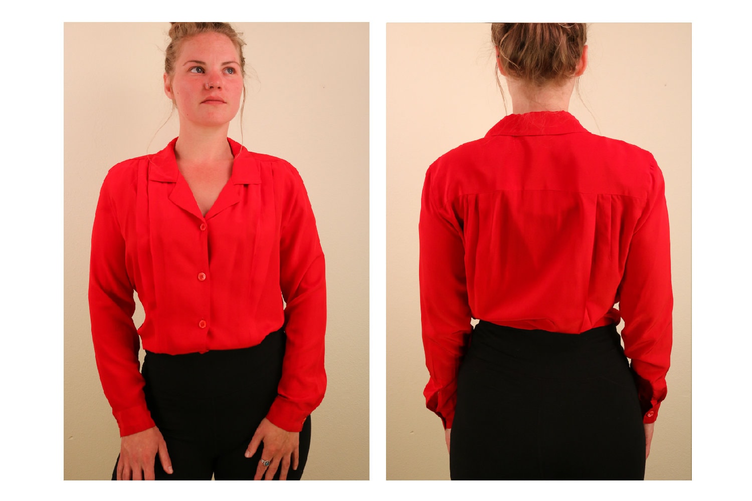 Vintage Nordstroms Rote Seide Langarm Pleated Bluse Power Farbe Urlaub Weihnachten Göttin von thelivingroomvintage