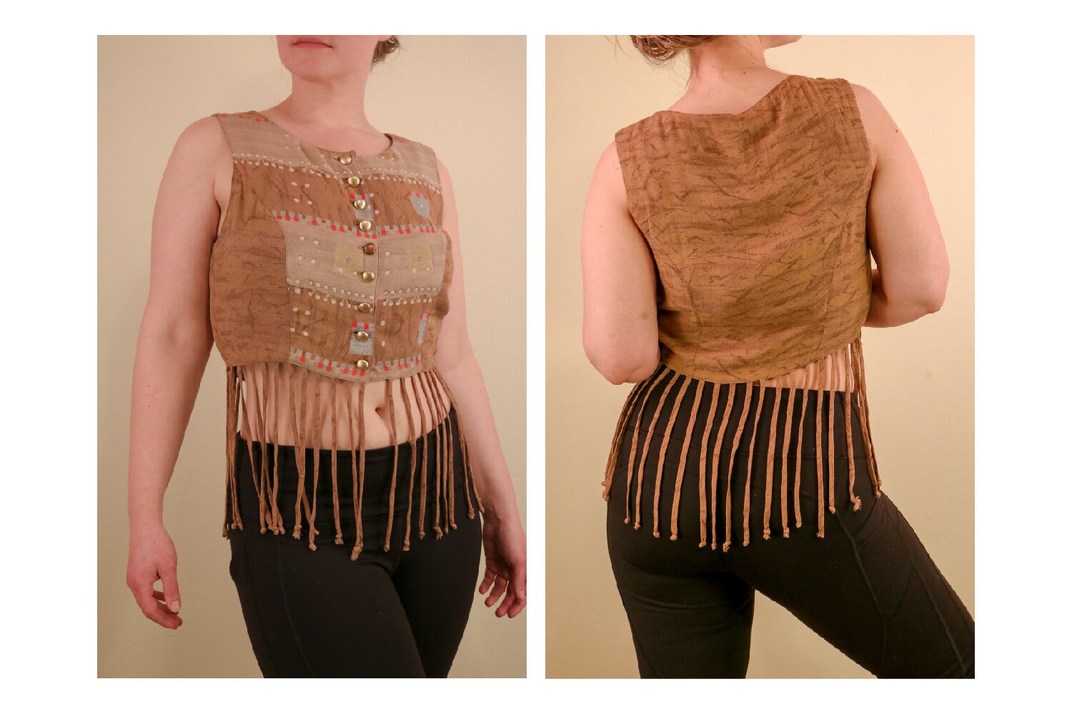 Wüste Festival Ernte Oben Weste Brennen Mann Fransen Goldknöpfen von thelivingroomvintage