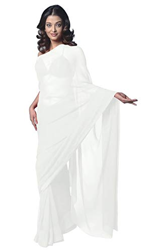 Damen Bollywood Chiffon Einfarbig Sari Festival Uniform Sari Wrap Stoff Ungenäht Bluse Stück Party Wear, Weiss/opulenter Garten, Einheitsgröße von themilestocks