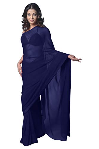 Damen Bollywood Chiffon Einfarbig Sari Festival Uniform Sari Wrap Stoff Ungenäht Bluse Stück Party Wear - Blau - Einheitsgröße von themilestocks