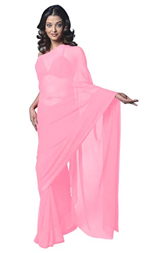 Damen Bollywood Chiffon Einfarbig Sari Festival Uniform Sari Wrap Stoff Ungenähte Bluse Stück Partykleidung, Pink, Einheitsgröße von themilestocks