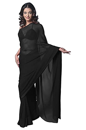 Damen Bollywood Chiffon Einfarbig Sari Festival Uniform Sari Wrap Stoff Ungenähte Bluse Stück Partykleidung, Schwarz, Einheitsgröße von themilestocks