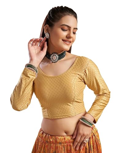 TMS Damen Blusen Readymade Gold Dehnbar Saree Crop Top Choli Freie Größe Langarm, Gold, Einheitsgröße von themilestocks