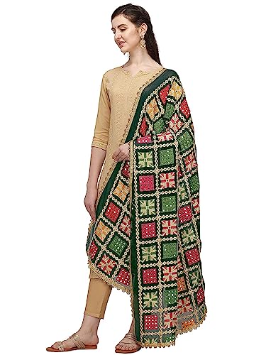 themilestocks TMS Damen-Schal, bestickt, Chiffon, Dupatta, weich, indische Braut, Hochzeit, Phulkari, Dunkelgrün, 90 Inches X 30 Inches || 228 cm X 76cm von themilestocks