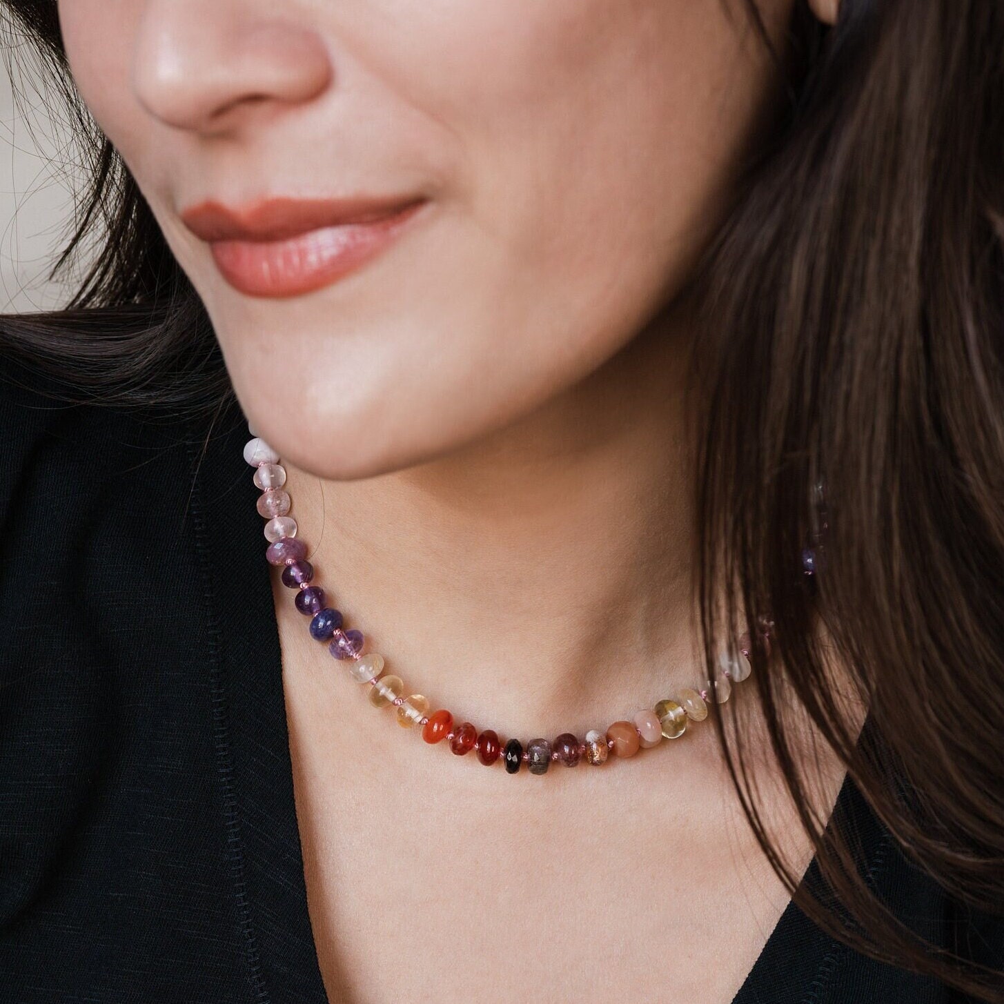 Herbst Edelstein Perlen Halskette Amethyst, Aquamarin & Mondstein Herbst Edelstein Perlen Halskette Amethyst, Aquamarin & Mondstein von thenecklacestudioco