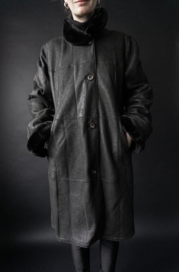 80S Christ Lammy, Schwarz, S-M, Ledermantel, Winterjacke von theplaincircle