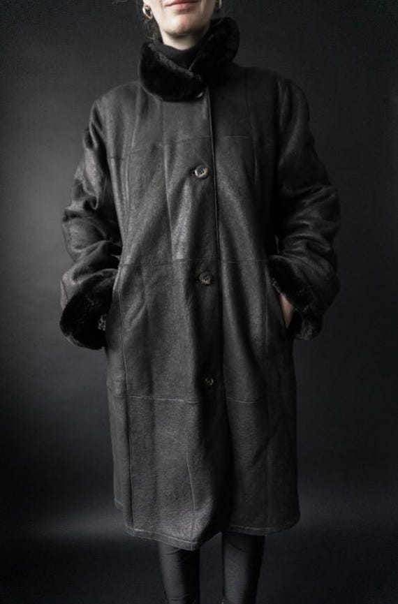 80S Christ Lammy, Schwarz, S-M, Ledermantel, Winterjacke von theplaincircle