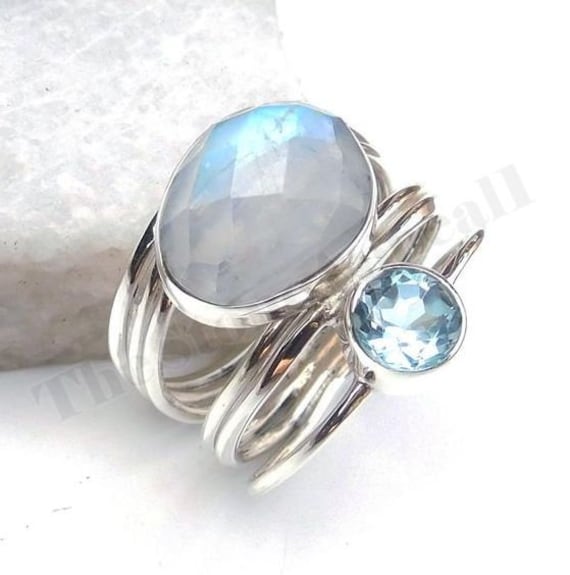 Regenbogen Mondstein Ring, 925 Sterling Silber, Blautopas Designer Party Wear Frauen Erschwinglicher Schmuck, Geschenk Für Frau von thestoneappeal1