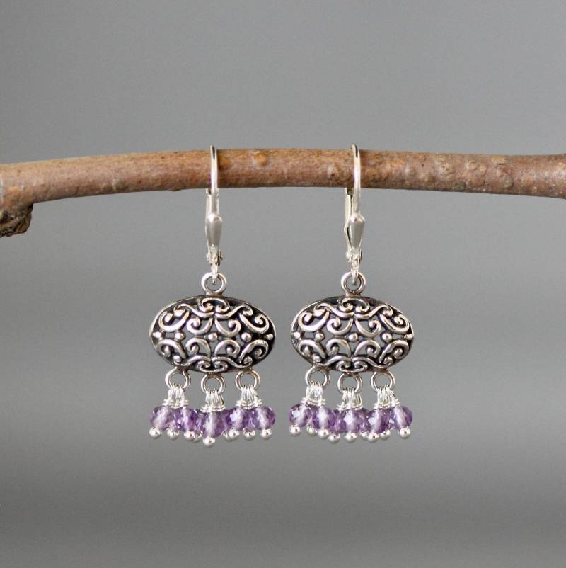 Amethyst Und Silber Ohrringe - Chandelier Lila Edelstein Filigrane Multi von thetimeoutcollection