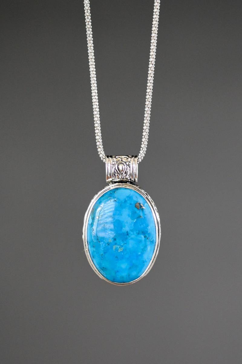 Kupfer Türkis Anhänger - Blauer Bali Silber Halskette Blaue Edelstein Ovaler Statement von thetimeoutcollection
