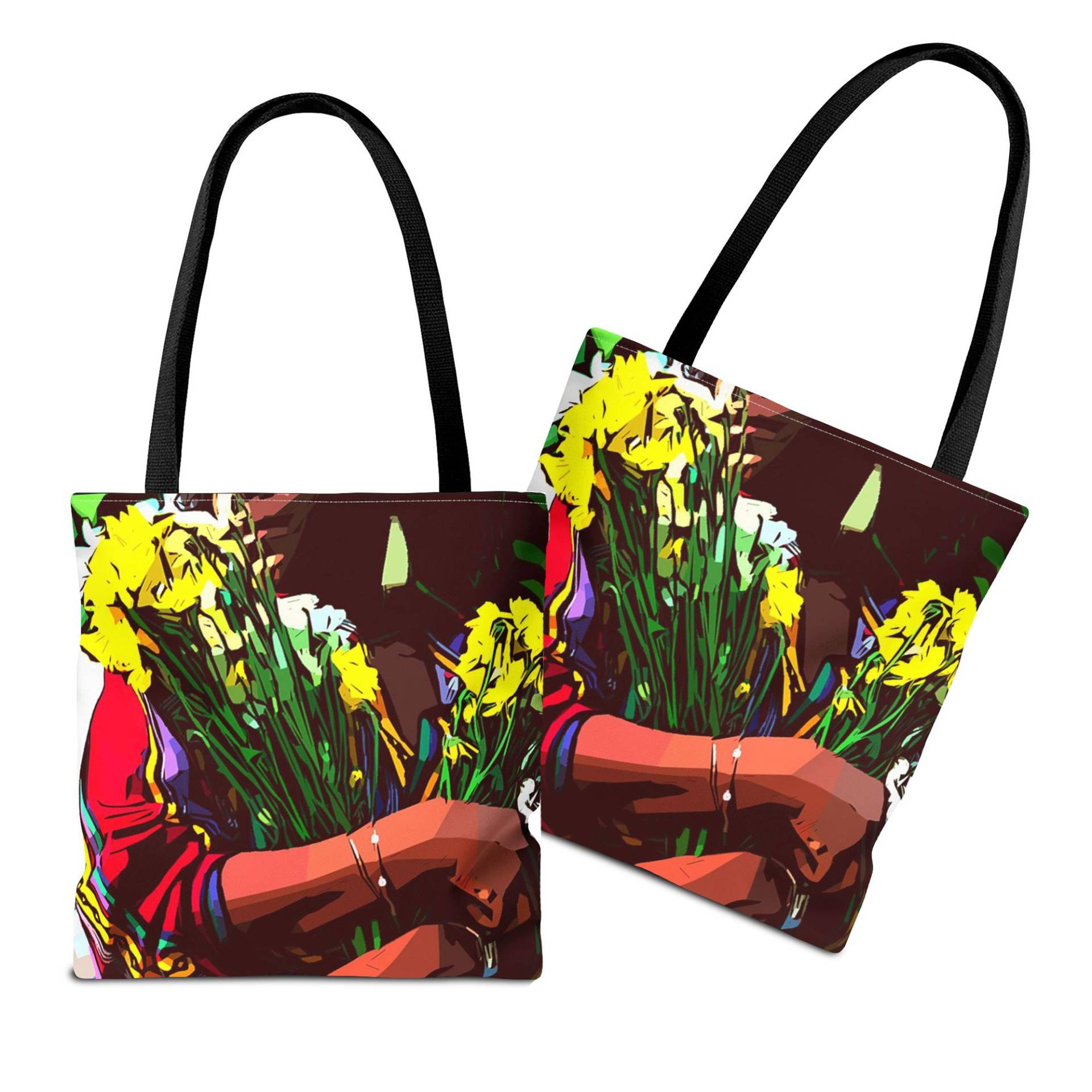 Florale Tragetasche Schwarze Frau Mit Gelbem Blumenstrauß - Afrocentric Style von thetrinigee