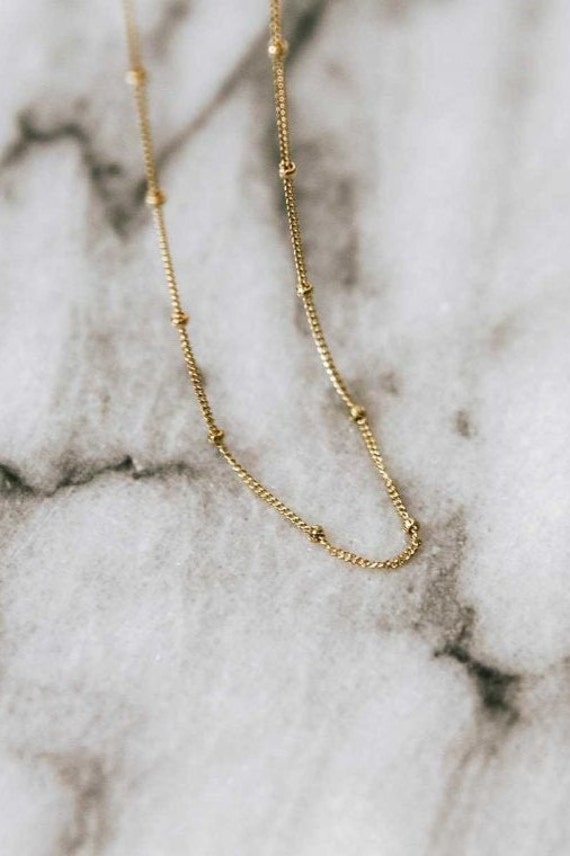 Zierliche Goldene Satelliten-Kette Für Sie, Goldkette Mit Zierlichen Perlen Damen, 40cm Lange Die Frau, Geschenk Zum Muttertag von thevintagepearl