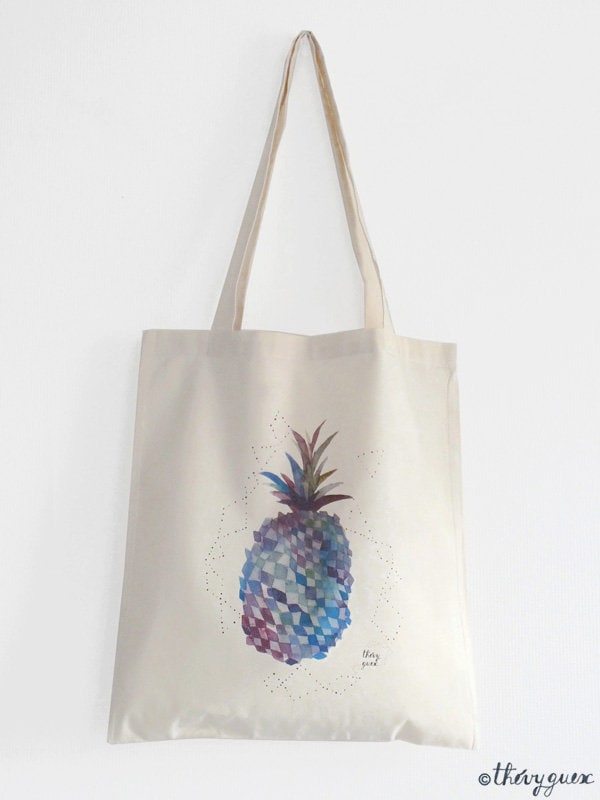 Unisex-Tragetasche Mit Blauem Ananas-Aquarellmuster Aus Bio-Baumwolle, Weihnachtsgeschenk Für Sie Und Ihn von thevysherbarium