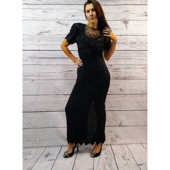 Vintage 1980Er Jahre Stark Perlen Schwarze Seide 80Er Kleid Größe Klein von thewelshbohemian