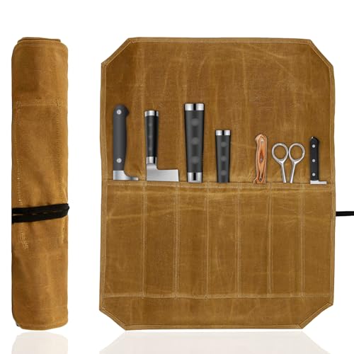 thirei Messer Rolltasche, Khaki Koch Messer Roll Bag, Aufbewahrungstasche für Küchenmesser, Messerrolle mit 7 Fächern Werkzeug Rolltasche, Tragbare Koch Messer Tasche für Messer Löffel Küchenmesser von thirei