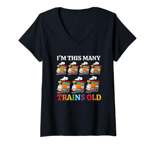 Damen Kids I'm This Many Trains Old Boy 7. Geburtstag 7 Jahre alt T-Shirt mit V-Ausschnitt von this many Trains Old Boy 7rd Birthday 7 Years Old