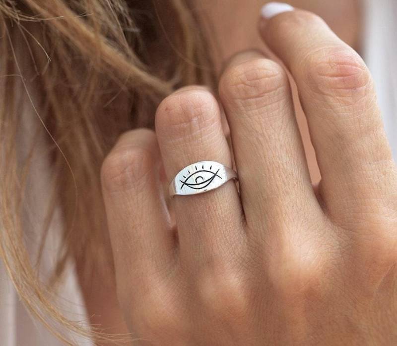 Auge Ring, Silber Augenband, 14 Karat Adinkra Solid Goldring, Breite Ehering, Boho Ring von threelayers