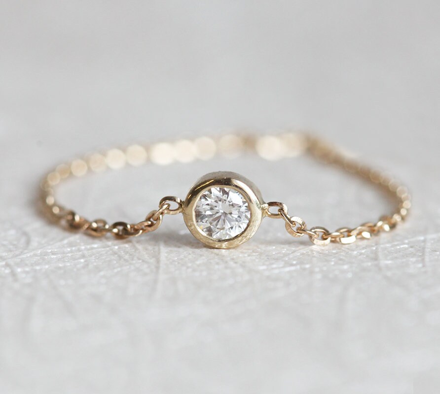 Kettenblatt, Diamant Solitär-Ring, Kette Diamantring, Gelb-Gold-Diamant-Ring, Rose Gold-Diamant-Ring, Weißgold-Diamant-Ring, 14K von threelayers