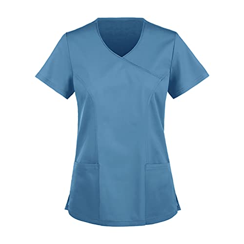 thuthu Kasack Damen Pflege Schlupfhemd Bluse Kurzarm V-Ausschnitt Einfarbig Uniform Berufsbekleidung Krankenschwester Kleidung Kasack Große Größen Uniformen Kittel Damen Berufskleidung, Blau, M von thuthu