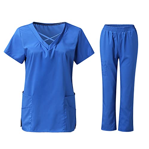 thuthu Unisex-Kasacks-Set Uniform Damen Einfarbiger V-Ausschnitt Kasacks Arbeitshose Pflege Schlupfkasack Kurzarm Oberteil Mit Hose Uniformen Nurse Berufskleidung Kasack Pflegeuniform Set von thuthu