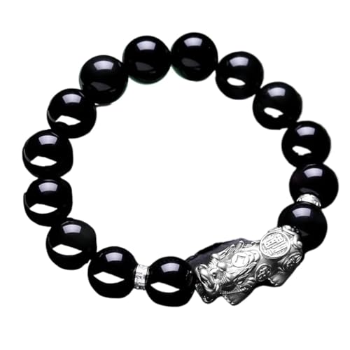 Obsidian Stein Männer Armbänder, Piyao Buddha-Perlen-Tigerauge-Armbänder, natürlicher goldener Obsidian, schwarzer Obsidian-Edelstein, Energie-Armband, verstellbar, Achat, 12 mm ( Color : Black Obsidi von tiHtYYfs