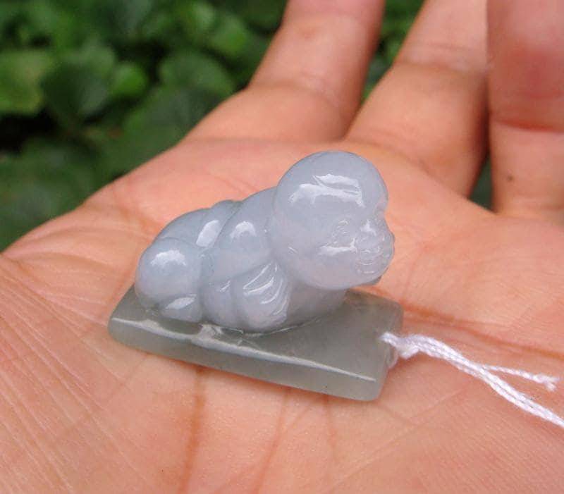 25 Mm Zertifizierte Natürliche Unbehandelte Klasse A Durchscheinend Floral Blau Icy Jadeit Geschnitzt 3D Boy Zählrahmen Anhänger von tiantianjadeite