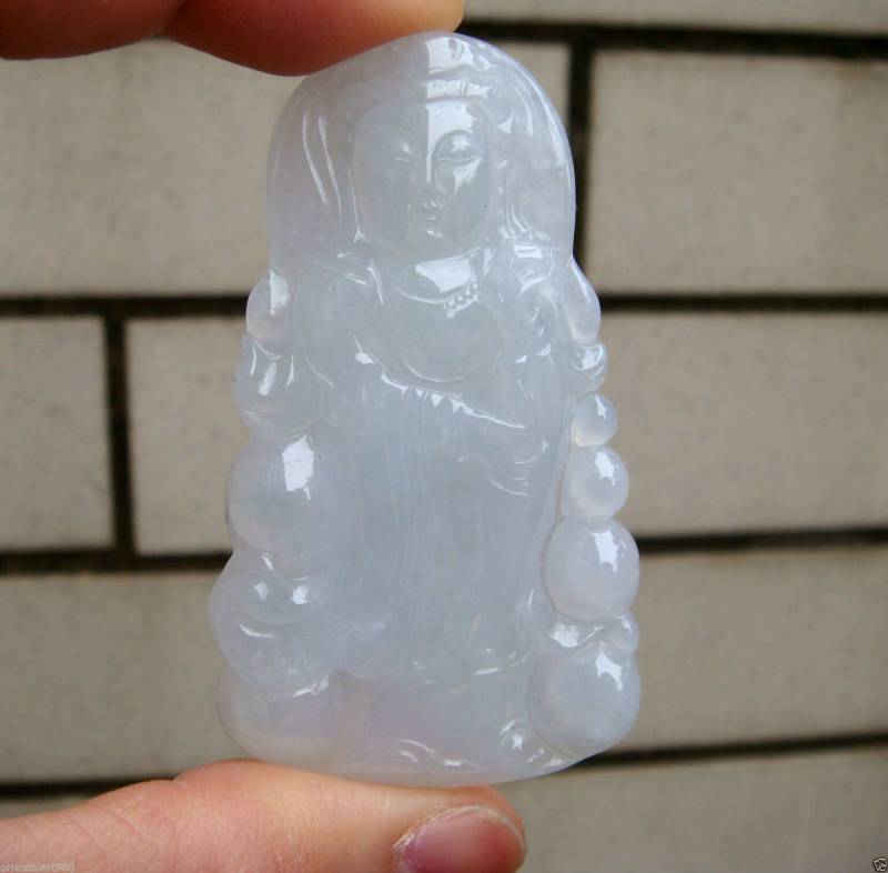 60 Mm Eisig Zertifiziert 100% Natürlich Unbehandelt Klasse A Hellweiß Grün Jadeit Geschnitzt Kwan-Yin Anhänger Halskette Edelstein 9359 von tiantianjadeite