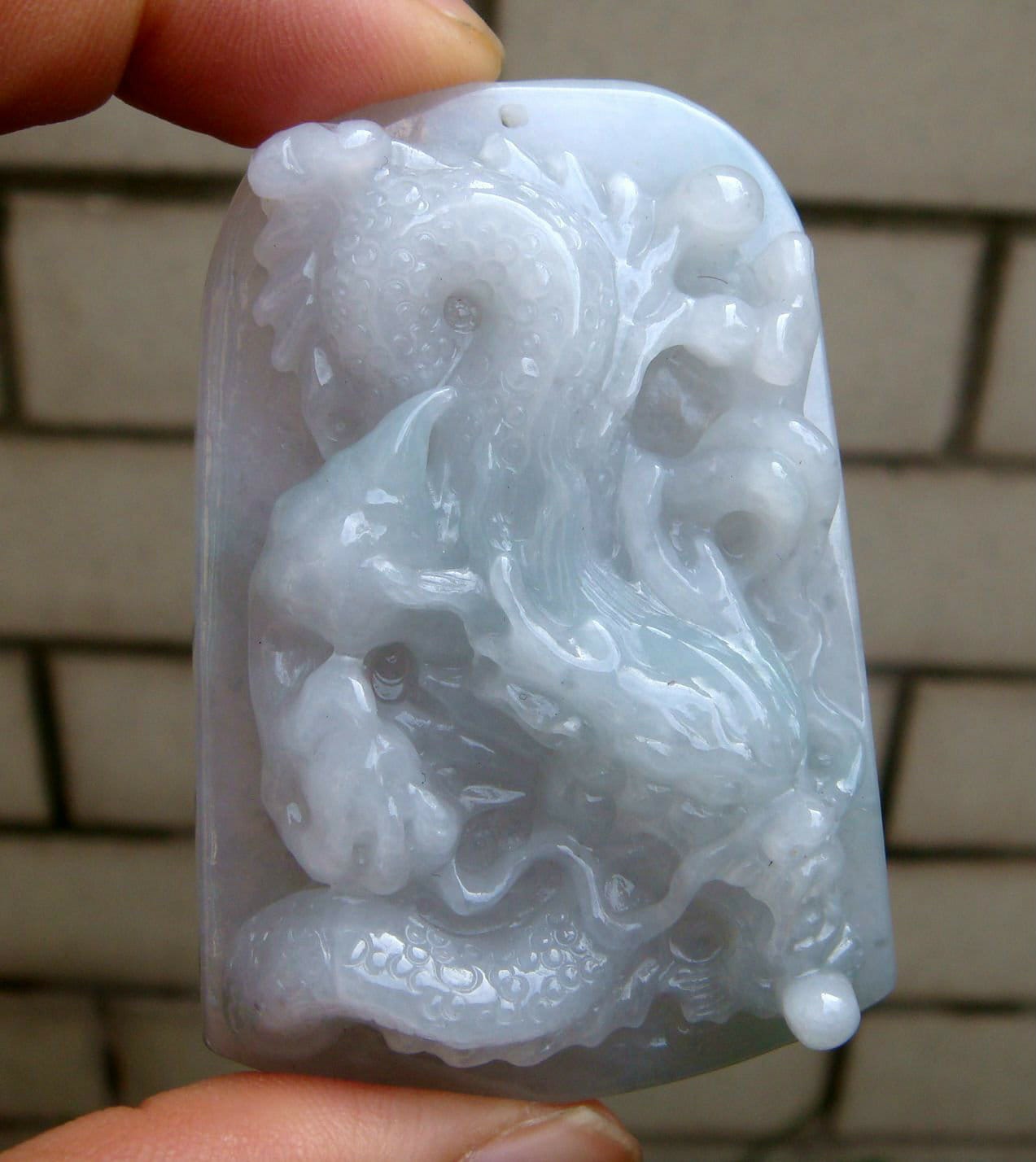 62 Mm Zertifiziert 100% Natürlich Unbehandelt Grad A | Typ A Lavendel Grau Jadeit Geschnitzten Drachen Anhänger/Halskette von tiantianjadeite