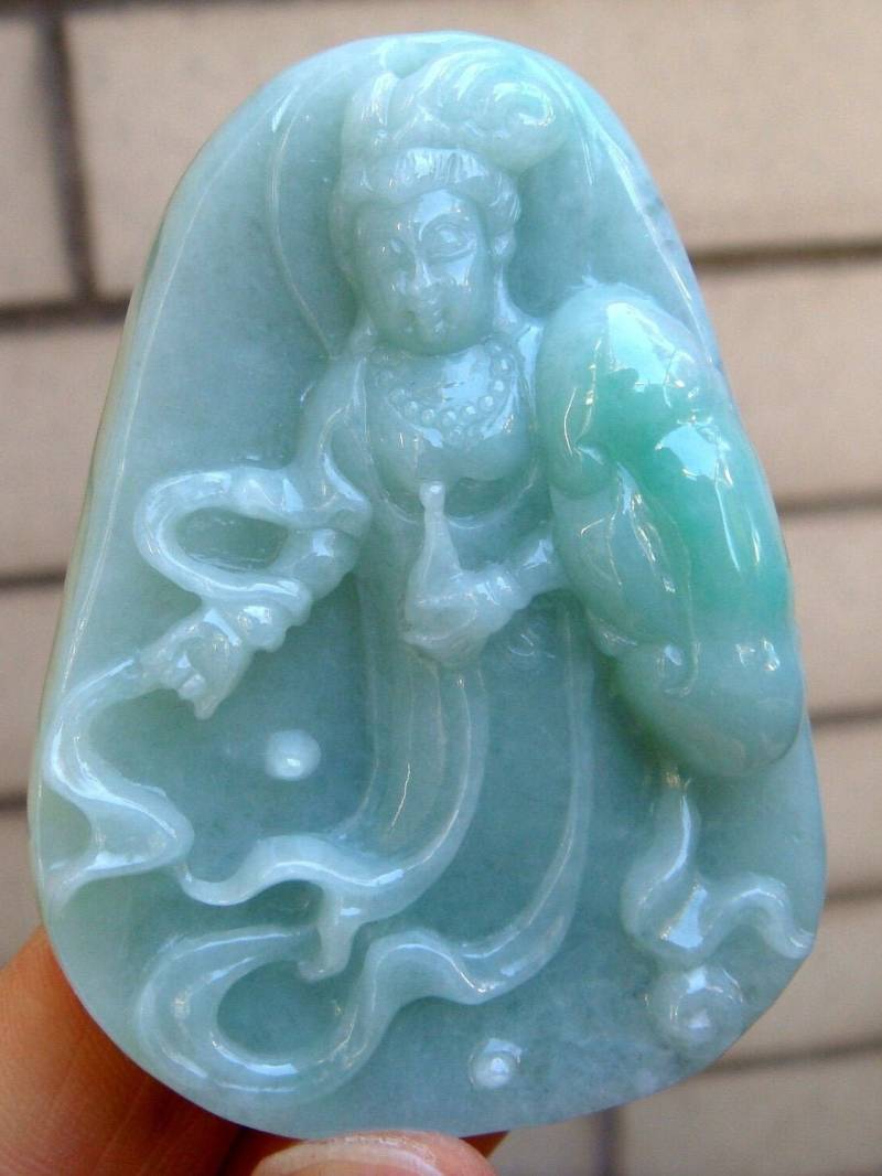 64 Mm Zertifiziert 100% Natürlich Unbehandelt Grad A Typ Grün Jadeit Geschnitzt Kwanyin Ruyi Anhänger Genstone von tiantianjadeite