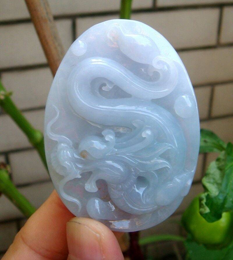 65 Mm Zertifizierte Natürliche Unbehandelte Klasse A Typ Hellgrüner Lavendel Icy Jadeit Handgefertigte Geschnitzte Ruyi Dragon ® Schmuck Anhänger von tiantianjadeite