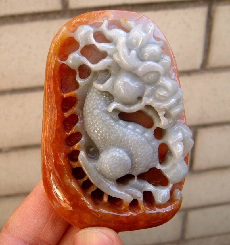 71 Mm Natürliche Unbehandelte Klasse A | Typ A Rot Gelb Jadeit Handmade Geschnitzten Drachen Anhänger Edelstein Zertifikat 4283 von tiantianjadeite