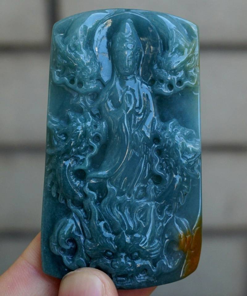 72 Mm Zertifiziert 100% Natürlich, Unbehandelt Grad A | Typ A Grün Eisige Jadeit Geschnitzte Kwanyin W 9 Drachen Anhänger/Halskette von tiantianjadeite