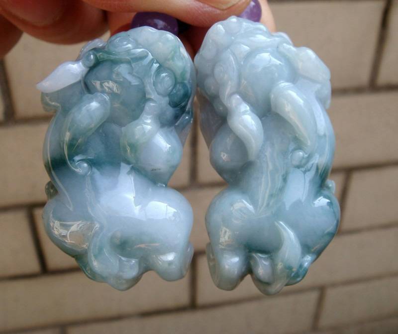 Paar 40 Mm Jadeit 100% Natürlich Zertifiziert Klasse A Typ Floral Blau Grün Geschnitzte 3D Pixius Anhänger Halskette Edelstein von tiantianjadeite