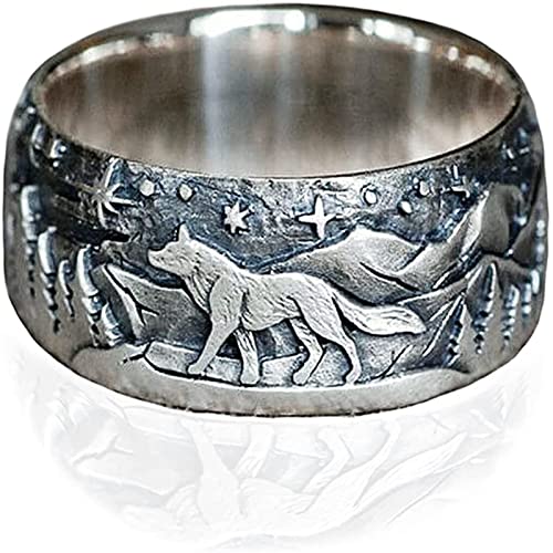 ticentral Gravierte Wolf Ringe für Männer Frauen Liebhaber Wald Wolf Ring Nordic Fenrir Siegelring Vintage Punk Biker Cocktail Party Schmuck Geschenke,Frauen,7 von ticentral