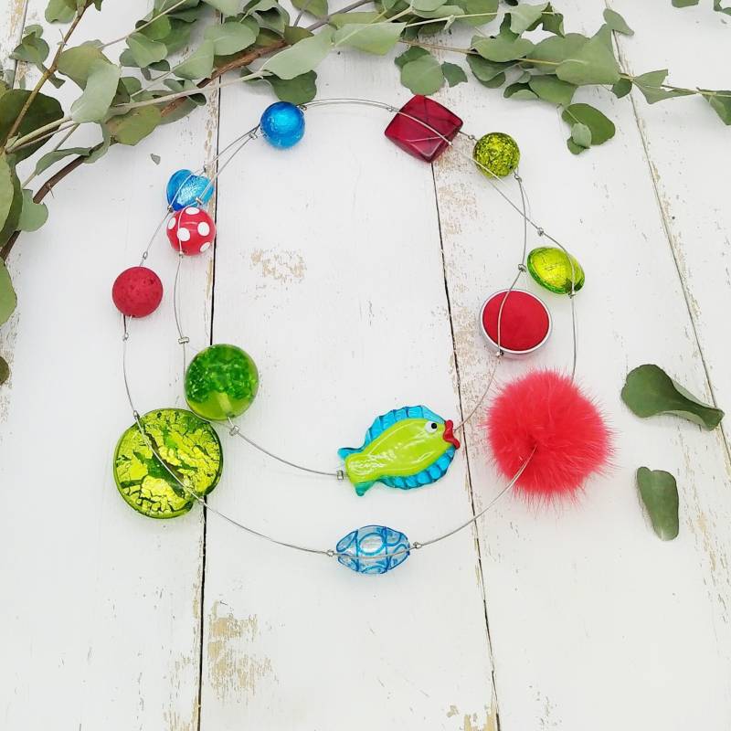 Auffällige, Lange Statement Kette Mit Muranoglaselementen, Resin Und Puschel Auffällige, Lange Statement Kette Mit Muranoglaselementen, Resin Und Puschel von tickodesign