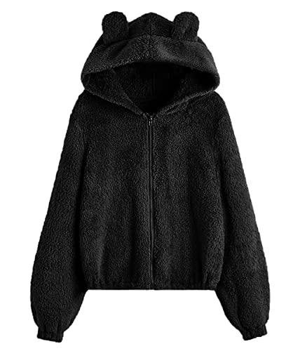Ticticlily Kapuzenpullover Damen Kapuzenjacke Pullover Sport Hoodies Plüsch Sweatshirt Langarmshirt Warme Wolle Pulli Elegant Fleece Cute Kaninchen Ohr Hasenmütze B2 Schwarz L von ticticlily