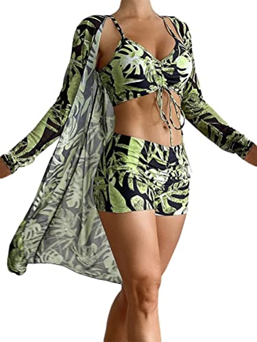 ticticlily 3-teilige Badeanzüge für Frauen Tropischer Blumendruck Push Up Bikini Cover Up Set Sexy Beachwear Damen Sommer Urlaub Party Hohe Taille Bikini Set A12 Grün XL von ticticlily