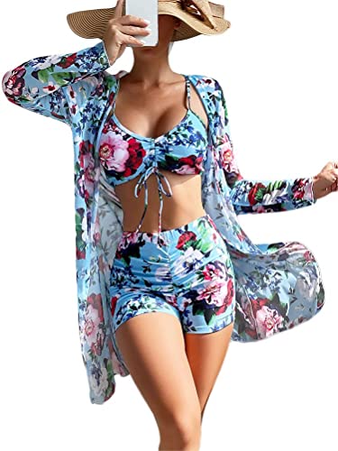 ticticlily 3-teilige Badeanzüge für Frauen Tropischer Blumendruck Push Up Bikini Cover Up Set Sexy Beachwear Damen Sommer Urlaub Party Hohe Taille Bikini Set A16 Blau L von ticticlily