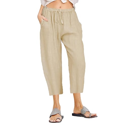 ticticlily 7/8 Hosen Damen Sommer Leinen Baumwolle Stoffhosen Sommerhosen Leinenhosen Leicht und Luftig Elastizität Bund mit Kordelzug Freizeithose Haremshose B Khaki 3XL von ticticlily