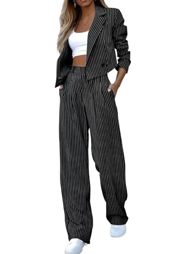 ticticlily Anzug Damen Zweiteiler Set Hosenanzug Blazer Revers und Hose Hohe Taille 2 Stück Streifen Elegant Chic Business Hochzeit Stripes Outfit Sets Freizeitanzug A Schwarz XS von ticticlily